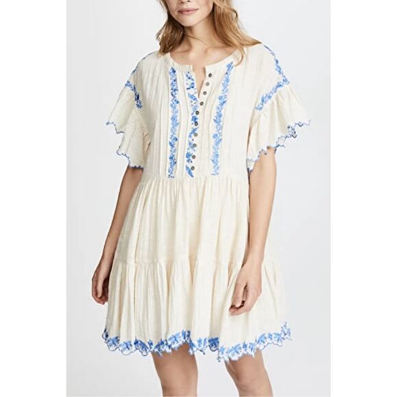 Free People Dresses & Skirts - Free People Santiago Embroidered Boho Mini Dress Ivory and Blue Size XS